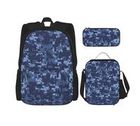 FEYUNYAN Ensemble sac à dos 3 en 1 résistant à l'eau, sac à déjeuner isotherme, trousse à crayons de grande capacité, cartables pour voyage, bureau et activités de plein air, motif camouflage bleu