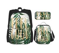 FEYUNYAN Ensemble sac à dos 3 en 1 résistant à l'eau, sac à déjeuner isotherme, trousse à crayons de grande capacité, sacs d'école à motif feuilles tropicales pour voyage, bureau et activités de plein