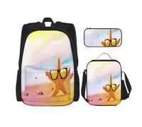 FEYUNYAN Ensemble sac à dos 3 en 1 résistant à l'eau, sac à déjeuner isotherme, trousse à crayons de grande capacité, jolies étoiles de mer, lunettes jaunes, sacs d'école pour voyage, bureau, Noir