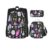 FEYUNYAN Ensemble sac à dos 3 en 1 résistant à l'eau, sac à déjeuner isotherme, trousse à crayons de grande capacité, sorcière, sorcellerie, bohème, sac d'école pour voyage, bureau, Noir , Taille
