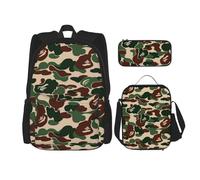 FEYUNYAN Ensemble sac à dos 3 en 1 résistant à l'eau, sac à déjeuner isotherme, trousse à crayons de grande capacité, cartables pour voyage, bureau et activités de plein air, vert camouflage, Noir