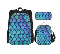 FEYUNYAN Ensemble sac à dos 3 en 1 résistant à l'eau, sac à déjeuner isotherme, trousse à crayons de grande capacité, cartables motif sirène bleu sarcelle poisson pour voyage, bureau et activités de