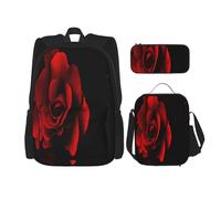 FEYUNYAN Ensemble sac à dos 3 en 1 résistant à l'eau, sac à déjeuner isotherme, trousse à crayons de grande capacité, cartables pour voyage, bureau et activités de plein air, motif rose rouge, Noir