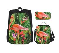 FEYUNYAN Ensemble sac à dos 3 en 1 résistant à l'eau, sac à déjeuner isotherme, trousse à crayons de grande capacité, sac d'école motif flamant rose tropical pour voyage, bureau et activités de plein