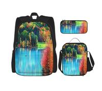 FEYUNYAN Ensemble sac à dos 3 pièces résistant à l'eau, sac à déjeuner isotherme, trousse à crayons de grande capacité, arbres colorés, lac, rivière, étang, sacs d'école pour voyage et bureau, Noir