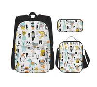 FEYUNYAN Ensemble sac à dos 3 pièces résistant à l'eau, sac à déjeuner isotherme, trousse à crayons de grande capacité, sac d'école 3 en 1 avec motif animal de dessin animé et lettres de l'alphabet