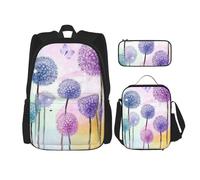 FEYUNYAN Ensemble sac à dos 3 pièces résistant à l'eau, sac à déjeuner isotherme, trousse à crayons de grande capacité, motif fleurs colorées et papillons violets pour voyage, bureau, ensemble sac à