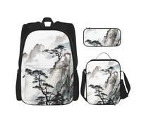 FEYUNYAN Ensemble sac à dos 3 pièces résistant à l'eau, sac à déjeuner isotherme, trousse à crayons de grande capacité, sac d'école de peinture de paysage chinois pour voyage, bureau, Noir , Taille