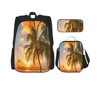 FEYUNYAN Ensemble sac à dos 3 pièces résistant à l'eau, sac à déjeuner isotherme, trousse à crayons de grande capacité, motif palmier hawaïen coucher de soleil, cartables d'école, pour voyage, bureau