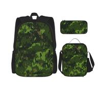 FEYUNYAN Ensemble sac à dos 3 pièces résistant à l'eau, sac à déjeuner isotherme, trousse à crayons de grande capacité, motif camouflage numérique vert de l'armée pour voyage, bureau, ensemble sac à