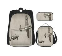 FEYUNYAN Ensemble sac à dos 3 pièces résistant à l'eau, sac à déjeuner isotherme, trousse à crayons de grande capacité, sacs d'école pour voyage, bureau, 2 avions de la Seconde Guerre mondiale, Noir