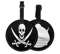 FEYUNYAN Étiquettes rondes en cuir synthétique pour valises avec protection de la vie privée, drapeau de pirate, étiquettes nominatives pour sacs de voyage pour femmes et hommes, accessoires de voyage