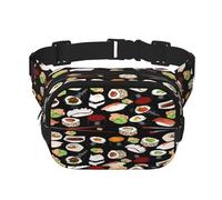 FEYUNYAN Grand sac banane carré, sac banane double couche, sac en sergé résistant à l'eau avec ceinture réglable et poche antivol pour randonnée, cyclisme, sushi japonais, noir, 23 x 16 cm, Sushi