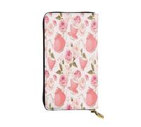 FEYUNYAN Long portefeuille en cuir de qualité supérieure pour femme, organiseur de cartes d'identité de grande capacité avec poche zippée, porte-monnaie pour femme, motif théière rose, long