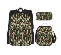 FEYUNYAN Lot de 3 sacs à dos 3 en 1 résistants à l'eau, sac à déjeuner isotherme, trousse à crayons de grande capacité, cartables Aniaml pour voyage, bureau, vert camouflage, Noir , Taille unique