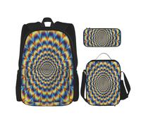 FEYUNYAN Lot de 3 sacs à dos 3 en 1 résistants à l'eau, sac à déjeuner isotherme, trousse à crayons de grande capacité, illusion d'optique en spirale, sacs d'école GIF pour voyage, bureau, Noir