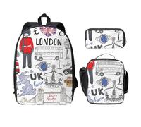 FEYUNYAN Lot de 3 sacs à dos d'école pour filles et garçons, avec imprimé « I Love London » pour ordinateur portable de 15", sac à déjeuner isotherme, trousse à crayons, cartable intermédiaire pour