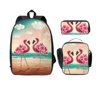 FEYUNYAN Lot de 3 sacs à dos d'école pour filles et garçons, deux flamants roses, sac à dos pour ordinateur portable de 38,1 cm, sac à déjeuner isotherme, trousse à crayons, cartable intermédiaire