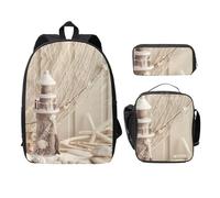 FEYUNYAN Lot de 3 sacs à dos d'école pour filles et garçons, filet de pêche côtière, sac d'école imprimé coquillage pour ordinateur portable de 15", sac à déjeuner isotherme, trousse à crayons,