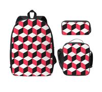 FEYUNYAN Lot de 3 sacs à dos d'école pour filles et garçons - Imprimé à carreaux rouges 3D - Sac à dos pour ordinateur portable de 15", sac à déjeuner isotherme, trousse à crayons, cartable