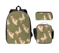 FEYUNYAN Lot de 3 sacs à dos d'école pour filles et garçons, imprimé alpaga, sac à dos pour ordinateur portable de 15", sac à déjeuner isotherme, trousse à crayons, cartable intermédiaire pour
