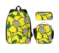 FEYUNYAN Lot de 3 sacs à dos d'école pour filles et garçons, imprimé citron jaune, sac à dos pour ordinateur portable de 15", sac à déjeuner isotherme, trousse à crayons, cartable intermédiaire pour