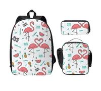 FEYUNYAN Lot de 3 sacs à dos d'école pour filles et garçons, imprimé flamant rose, sac à dos pour ordinateur portable de 15", sac à déjeuner isotherme, trousse à crayons, cartable intermédiaire pour