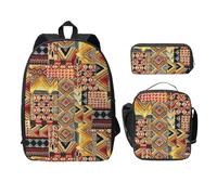 FEYUNYAN Lot de 3 sacs à dos d'école pour filles et garçons - Imprimé patchwork africain - Sac à dos pour ordinateur portable de 15", sac à déjeuner isotherme, trousse à crayons, cartable