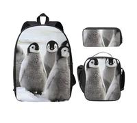FEYUNYAN Lot de 3 sacs à dos d'école pour filles et garçons, imprimé pingouin empereur, sac à dos pour ordinateur portable de 15", sac à déjeuner isotherme, trousse à crayons, cartable intermédiaire