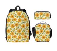 FEYUNYAN Lot de 3 sacs à dos d'école pour filles et garçons, imprimé tournesol jaune, sac à dos pour ordinateur portable de 15", sac à déjeuner isotherme, trousse à crayons, cartable intermédiaire
