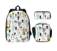 FEYUNYAN Lot de 3 sacs à dos d'école pour filles et garçons, joli sac d'école avec imprimé alphabet animal de dessin animé, sac à dos pour ordinateur portable de 15", sac à déjeuner isotherme, trousse