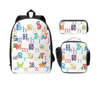 FEYUNYAN Lot de 3 sacs à dos d'école pour filles et garçons, motif alphabet animal, sac à dos pour ordinateur portable de 15", sac à déjeuner isotherme, trousse à crayons, cartable intermédiaire pour