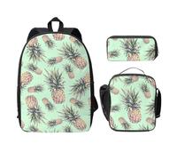 FEYUNYAN Lot de 3 sacs à dos d'école pour filles et garçons, motif ananas vert, sac à dos pour ordinateur portable de 15", sac à déjeuner isotherme, trousse à crayons, cartable intermédiaire pour