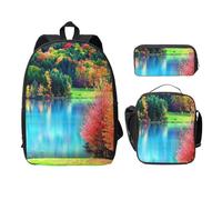 FEYUNYAN Lot de 3 sacs à dos d'école pour filles et garçons, motif arbres colorés, lac, rivière, étang, sac à dos pour ordinateur portable de 38,1 cm, sac à déjeuner isotherme, trousse à crayons,