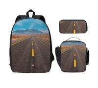 FEYUNYAN Lot de 3 sacs à dos d'école pour filles et garçons, motif autoroute et désert, sac à dos pour ordinateur portable de 15", sac à déjeuner isotherme, trousse à crayons, cartable intermédiaire