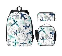 FEYUNYAN Lot de 3 sacs à dos d'école pour filles et garçons, motif avion, sac à dos pour ordinateur portable de 15", sac à déjeuner isotherme, trousse à crayons, cartable intermédiaire pour