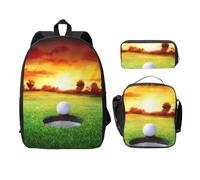 FEYUNYAN Lot de 3 sacs à dos d'école pour filles et garçons, motif balle de golf, coucher de soleil, arbre, sac à dos pour ordinateur portable de 15", sac à déjeuner isotherme, trousse à crayons,