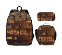 FEYUNYAN Lot de 3 sacs à dos d'école pour filles et garçons, motif bateau pirate fantastique, sac à dos pour ordinateur portable de 15", sac à déjeuner isotherme, trousse à crayons, cartable