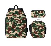 FEYUNYAN Lot de 3 sacs à dos d'école pour filles et garçons, motif camouflage vert, sac à dos pour ordinateur portable de 15", sac à déjeuner isotherme, trousse à crayons, cartable intermédiaire pour