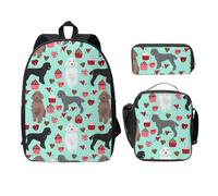 FEYUNYAN Lot de 3 sacs à dos d'école pour filles et garçons, motif caniches, sac à dos pour ordinateur portable de 15", sac à déjeuner isotherme, trousse à crayons, cartable intermédiaire pour