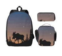 FEYUNYAN Lot de 3 sacs à dos d'école pour filles et garçons, motif cerf, montagne, pin, nature sauvage, sac à dos pour ordinateur portable de 15", sac à déjeuner isotherme, trousse à crayons, cartable