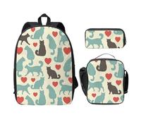 FEYUNYAN Lot de 3 sacs à dos d'école pour filles et garçons, motif chaton heureux marchant, sac à dos pour ordinateur portable de 15", sac à déjeuner isotherme, trousse à crayons, cartable