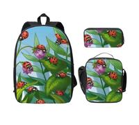 FEYUNYAN Lot de 3 sacs à dos d'école pour filles et garçons, motif coccinelle, sac à dos pour ordinateur portable de 15", sac à déjeuner isotherme, trousse à crayons, cartable intermédiaire pour