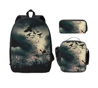 FEYUNYAN Lot de 3 sacs à dos d'école pour filles et garçons, motif corbeau nocturne, sac à dos pour ordinateur portable de 15", sac à déjeuner isotherme, trousse à crayons, cartable intermédiaire pour