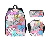 FEYUNYAN Lot de 3 sacs à dos d'école pour filles et garçons, motif cœur coloré, sac à dos pour ordinateur portable de 38,1 cm, sac à déjeuner isotherme, trousse à crayons, cartable intermédiaire pour
