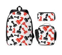 FEYUNYAN Lot de 3 sacs à dos d'école pour filles et garçons, motif d'échecs, sac à dos pour ordinateur portable de 15", sac à déjeuner isotherme, trousse à crayons, cartable intermédiaire pour