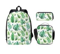 FEYUNYAN Lot de 3 sacs à dos d'école pour filles et garçons, motif feuilles d'arbres tropicaux, sac à dos pour ordinateur portable de 15", sac à déjeuner isotherme, trousse à crayons, cartable