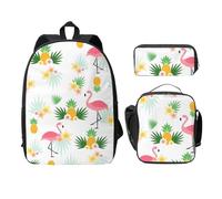 FEYUNYAN Lot de 3 sacs à dos d'école pour filles et garçons, motif flamants roses et ananas, sac à dos pour ordinateur portable de 38,1 cm, sac à déjeuner isotherme, trousse à crayons, cartable pour