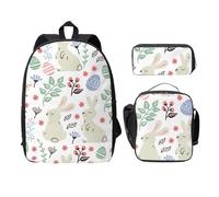 FEYUNYAN Lot de 3 sacs à dos d'école pour filles et garçons, motif fleurs, lapins, oiseaux, sac à dos pour ordinateur portable de 15", sac à déjeuner isotherme, trousse à crayons, cartable