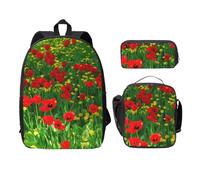 FEYUNYAN Lot de 3 sacs à dos d'école pour filles et garçons, motif floral rouge, sac à dos pour ordinateur portable de 15", sac à déjeuner isotherme, trousse à crayons, cartable intermédiaire pour